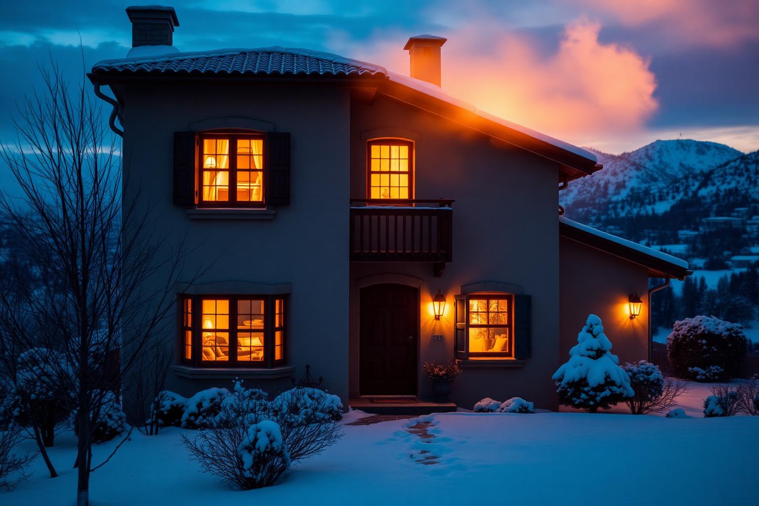 Vivienda en zona fría con calor escapando por la buhardilla en invierno