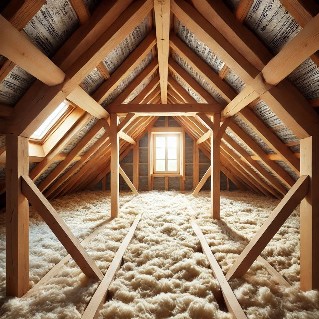 Lana de vidrio aislante en una buhardilla